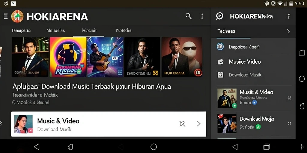 Antarmuka HOKIARENA menampilkan daftar lagu dan fitur unggulannya.